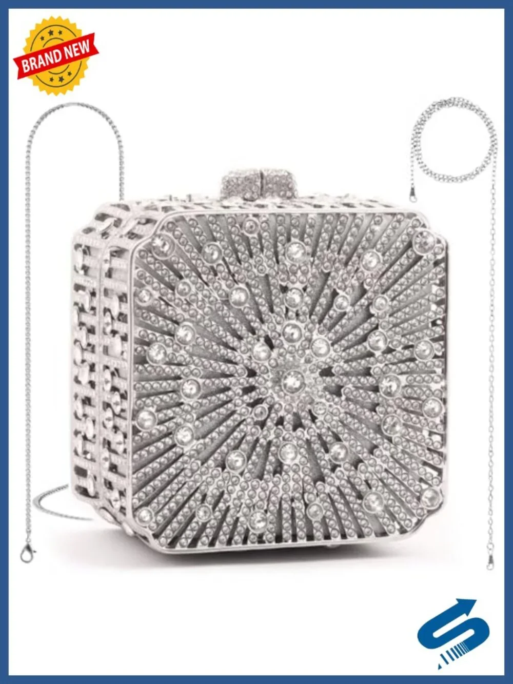 Hand-Embellished Rhinestone Clutch Purse with Detachable Chain Evening Bag